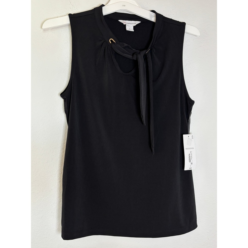 Liz Claiborne Black Sleeveless Tie Neck Blouse Gold Hardware NWT Size S